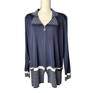 Misook Woman Jacket in Blue and White Full Zipper Stripe Detail Size 1X
